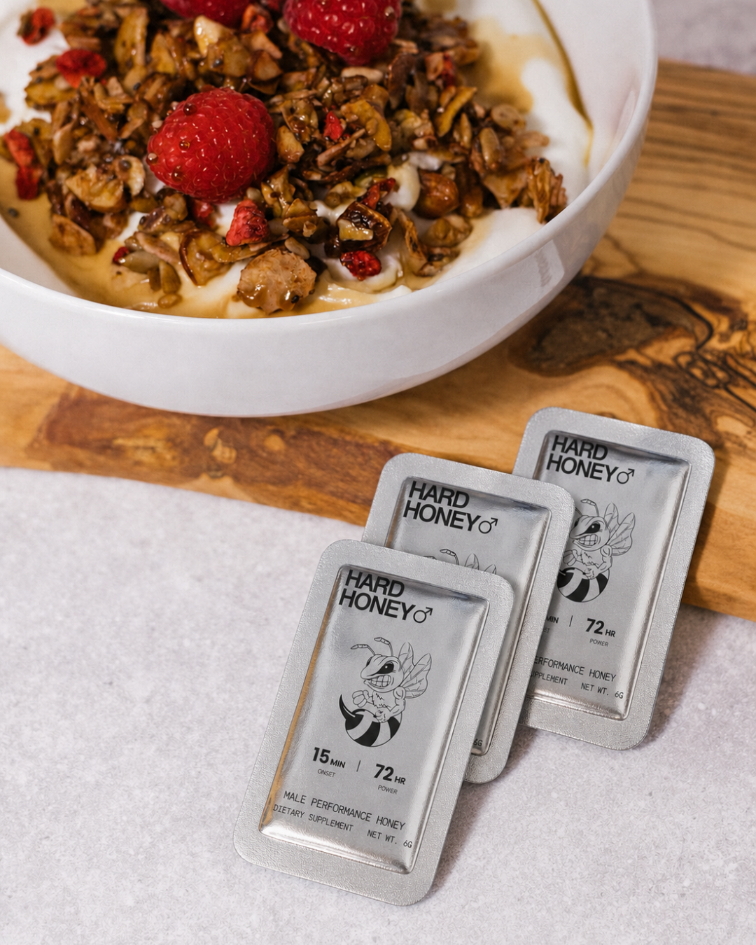 Hard Honey packets beside breakfast